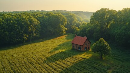 A tranquil farm features silvopasture blending trees and crops, bathed in warm morning light with lush greenery.