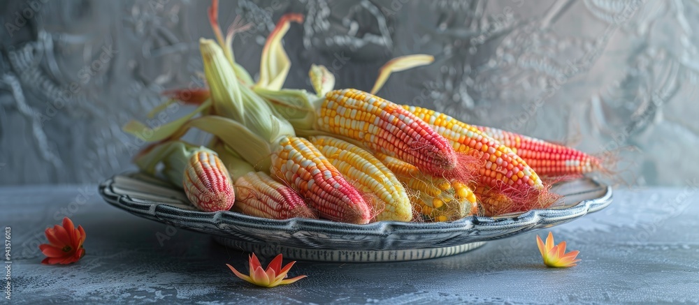 Poster Fresh baby corn with red silk still in the husk presented on a sieve plate on a gray table background creating a copy space image