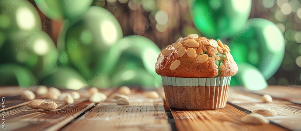 Aufkleber almond muffin on a wooden surface with a background of blurred green balloons providing a rustic atm