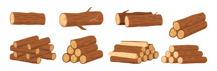 Lumberjack or woodcutter work, isolated wooden resources or raw materials. Vector logs from tree, woodwork or forest, woods. Hardwoods construction materials. Nature and ecological building element