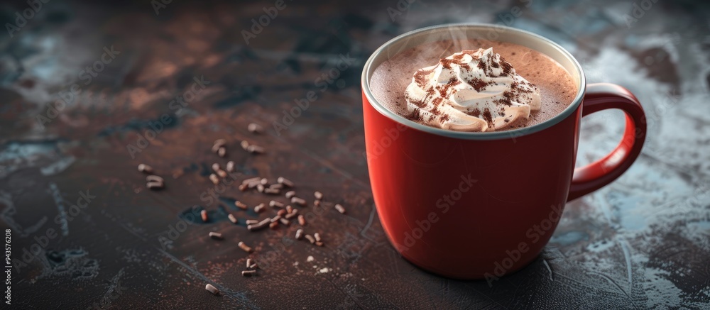 Aufkleber mug with tasty hot chocolate on a dark table with copy space image