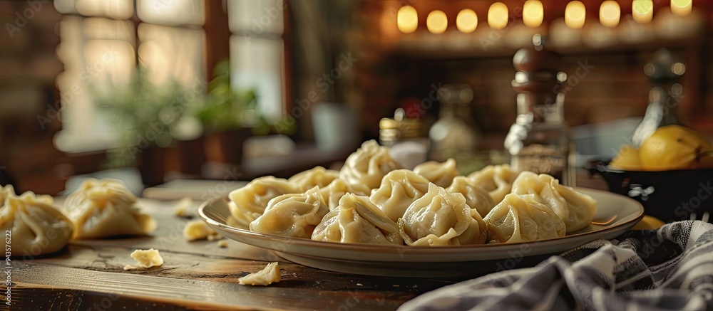 Poster A restaurant setting displays a plate of freshly cooked Georgian Khinkali dumplings with empty space for text or other design elements in the image. Creative banner. Copyspace image
