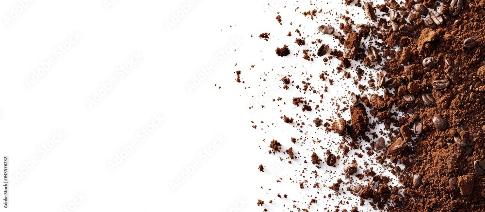 Aufkleber Coffee grounds scattered on a white backdrop with empty space for text or other elements in the image. Creative banner. Copyspace image