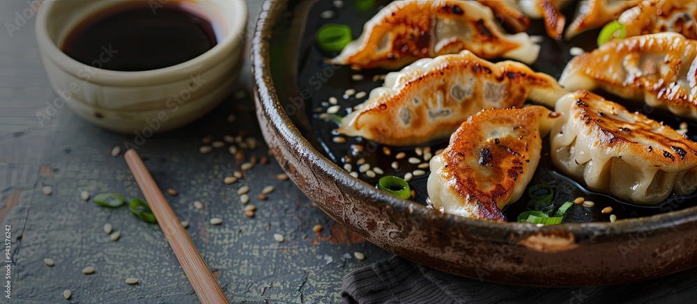 Poster selective focus on gyoza or dumplings with soy sauce in a copy space image
