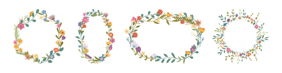 Blooming flower frames with flourishing. Vector geometric shapes of floral decoration for typography and ornaments. Blossom and branches of plants. Wildflowers borders with copy space set