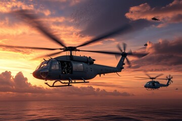 Dynamic helicopter flight at sunrise  military hawk aircraft in 3d sea rendering and aviation action