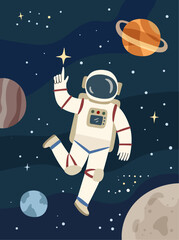 Spaceman in outer space, man in astronaut costume flying among planets and stars, flat cartoon vector background. Spaceman in cosmos, science in cosmos, astronomy backdrop