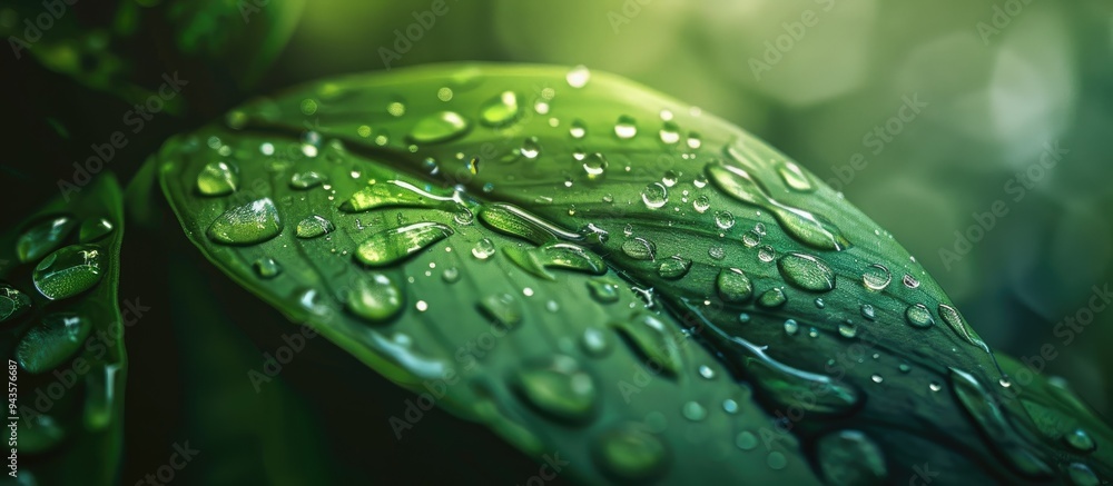 Poster a stunning macro image capturing water droplets on a leaf post rainfall with extra space for text or