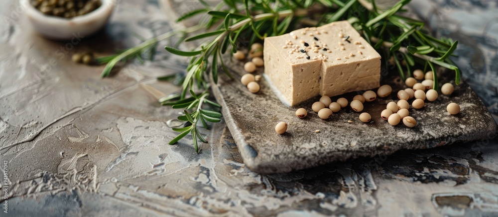 Poster Appealing combination of tofu soybeans and rosemary displayed on a textured table ideal for a banner with copy space image