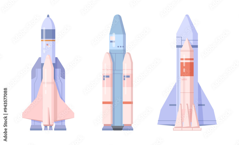 Poster spaceships and rockets, space shuttle templates collection. vector vehicles for travel beyond earth 