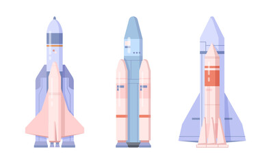 Spaceships and rockets, space shuttle templates collection. Vector vehicles for travel beyond Earth atmosphere. Spacecraft for astronauts and cargo. Transport for space and universe exploration