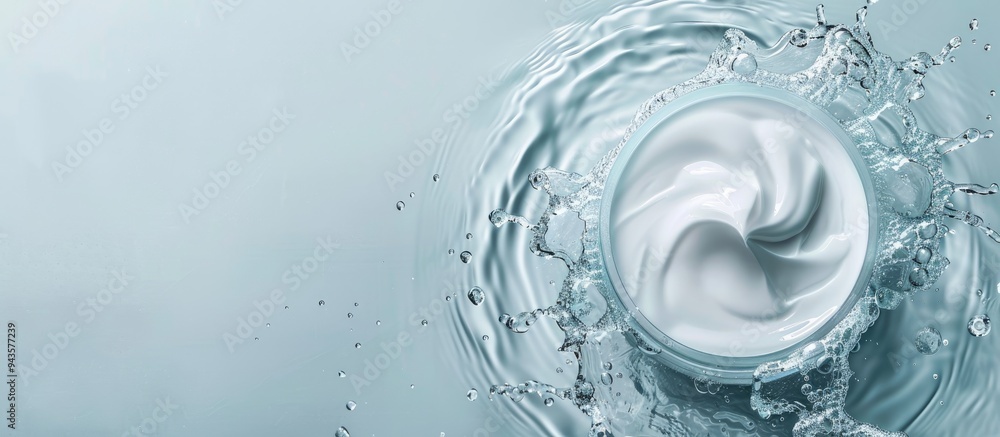 Poster Jar filled with cream floating in water on a bright backdrop seen from above in a top view angle creating an ideal space for text alongside the copy space image
