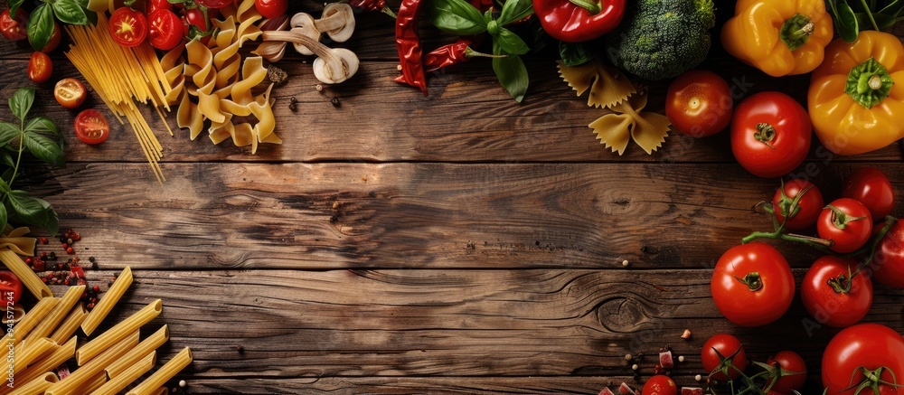 Poster top view of various pasta types with vegetables on a rustic wooden surface providing free copy space