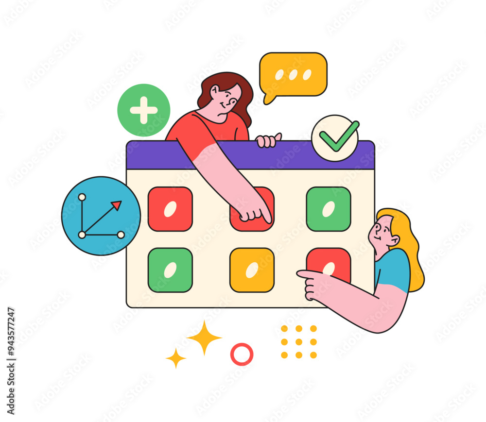 Aufkleber Workflow productivity and teamwork efficiency. Vector flat cartoon employees with agenda or calendar with meetings and appointments. Office workers completing project in time