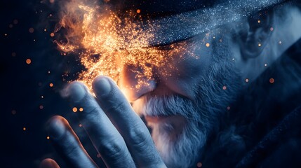 Enigmatic wizard blending with luminous spells and enchanted creatures in a double exposure, evoking a world of fantasy and magic