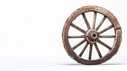 Obraz premium An antiquated wagon wheel, no longer in use, stands alone against a pristine white backdrop. Its weathered spokes and rugged rim hint at a history of traversing rugged terrain. 