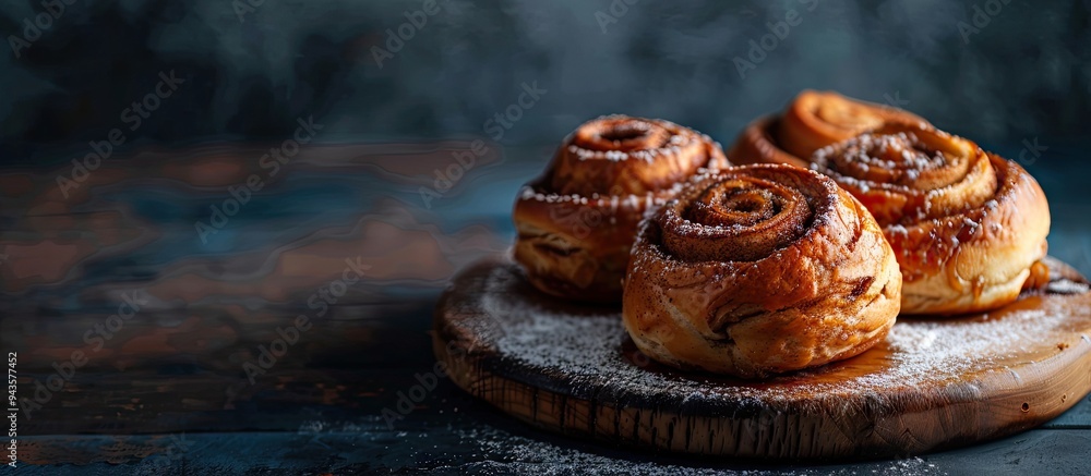 Poster delicious cinnamon rolls on a wooden board against a dark backdrop with copy space image