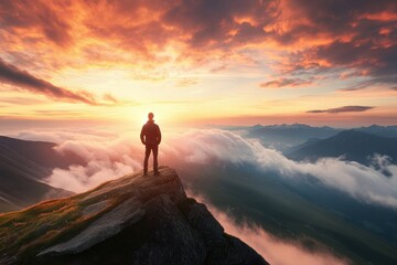 Fototapeta premium A solitary figure stands atop a cliff, overlooking a breathtaking sunset that fills the sky with vibrant colors, symbolizing adventure, freedom, and the awe of nature's grandeur.