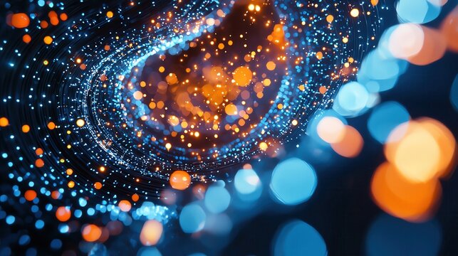3D illustration of neutrino interactions within the liquid argon modules, with pixels lighting up as particles are detected, close-up, dark background with bright highlights