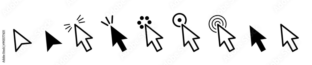 Poster Clicking cursor of computer. Vector isolated set of flat icons for UI and UX web design for websites and application programs. Internet digital technologies communication, selecting with mouse
