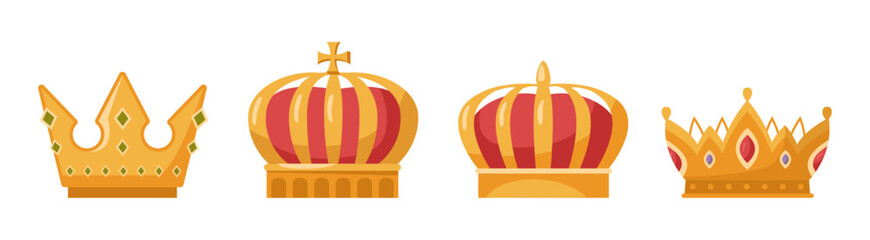 Royal symbol of power and monarchy. Vector isolated realistic wealthy golden crowns for queens and kings, princesses and princes. Medieval design of gold and gemstones jewelry on coronet