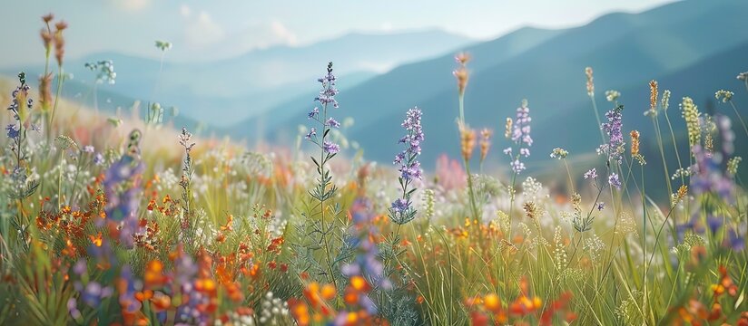 Selective focus on eremurus sage and meadow grasses in a vibrant meadow on hillside with mountains in the background Ideal for copy space image