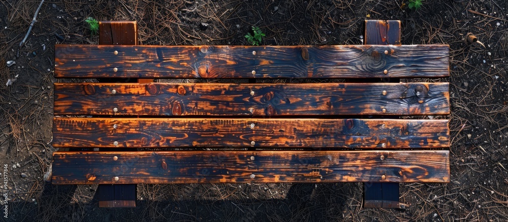 Canvas Prints aerial perspective of a rustic wooden picnic table in the backyard with copy space image