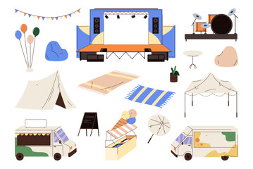 Scene for open air music festival. Vector isolated set of lounge and food courts zones for visitors. Tents for sleeping and resting, stage for artists, lights decorative balloons for show performance