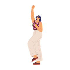 Happy woman cheering and celebrating raising hands up, flat cartoon vector illustration. Isolated female character dancing in delight and joy, happiness expression and hurrah smiling
