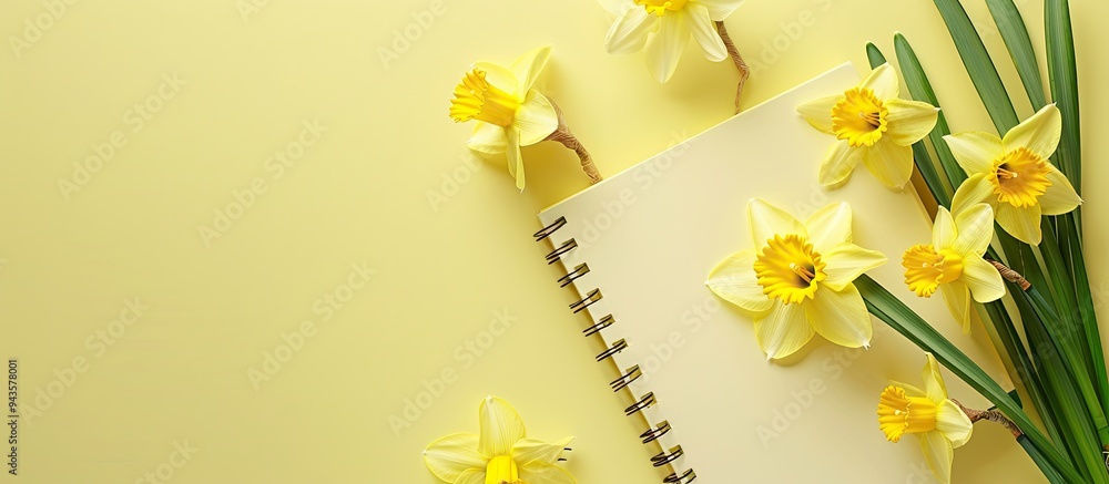 Poster Spring narcissus on a light yellow background with a blank notebook featuring a daffodil flower on it forming an Easter related design with a spacious area for text or a copy space image