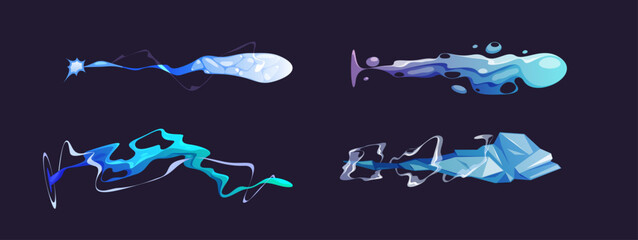 Shot gun effects, isolated set of laser beams and shining texture of shooting. Vector game characters weapon or riffle blasts. Weaponry for fighting, personages power and force for challenge