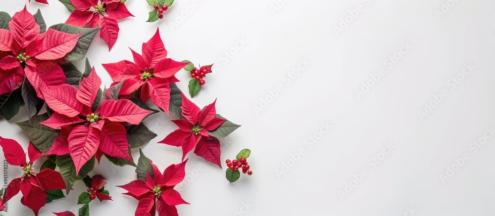 Aufkleber red and pink poinsettia flowers arranged on a white surface with room for text suitable as a copy sp