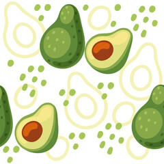 Seamless pattern Fresh avocado, whole and halved, creamy green flesh and large brown seed. Ideal for health blogs, guacamole recipes, and nutritional content. Vector illustration
