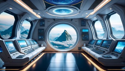futuristic interior of a space station, with high-tech
