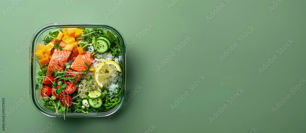 Aufkleber Glass container holding a nutritious meal of fresh salad salmon and rice with a green backdrop in a top down view perfect for adding text in the copy space image