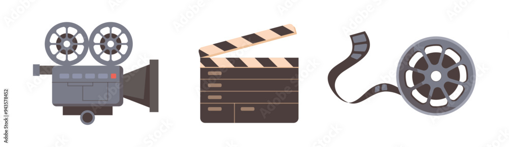 Wall mural Empty clapper board and film camera with modern lens. Vector movie strip or reel with video footage. Cinema industry and cinematography, vintage motion pictures for audience, flat icons set