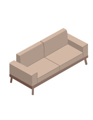 Modern comfortable padded sofa on wooden stand. Isometric style. Furniture with pillows. Vector illustration isolated on white background