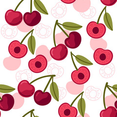 Seamless pattern Red ripe cherry berry with green leaf. Whole and halves cherry with seed. Fresh and juicy nature of the fruits. Vector illustration on white background