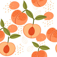 Seamless pattern Sweet fruit peach. Tasty orange peach whole and halved with seed and green leaves. Vector illustration on white background