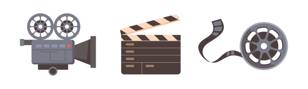 Empty clapper board and film camera with modern lens. Vector movie strip or reel with video footage. Cinema industry and cinematography, vintage motion pictures for audience, flat icons set