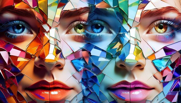 Prismatic Shattered Glass Faces- Faces composed of colorful, prismatic shards of glass