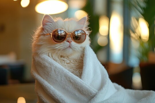 Cute fluffy white cat in sunglasses wrapped in a towel sitting in a spa . The scene is cute and funny and the kitty looks cool, as if he is ready for his day at the spa and relaxation