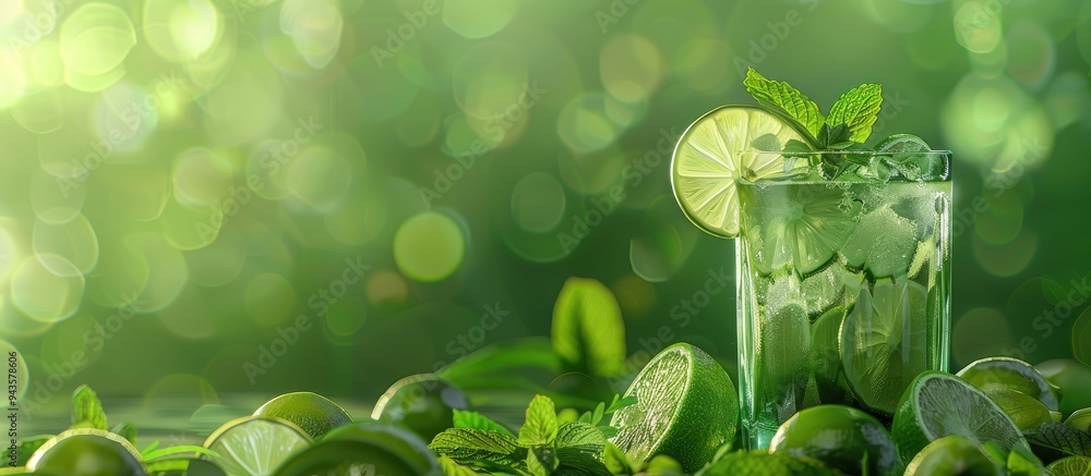 Poster fresh mojito cocktail with limes and mint served in a glass on a green background perfect for a copy