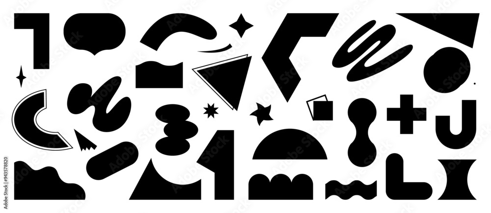 Poster memphis style brutalist geometry shapes silhouettes. vector isolated set of rough grunge texture dec