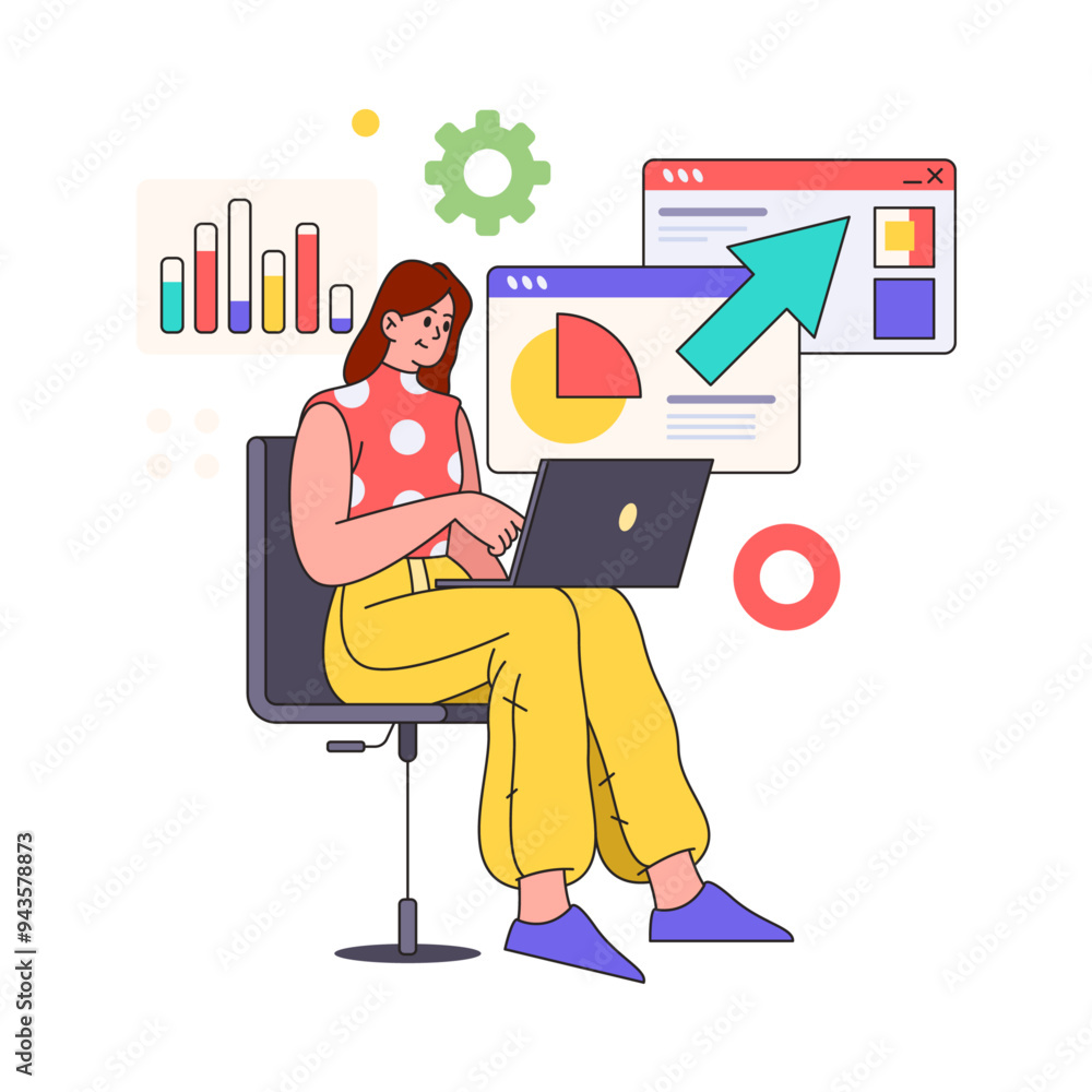 Aufkleber woman programming with laptop, data analysis flat cartoon vector. girl makes business analysis, mode