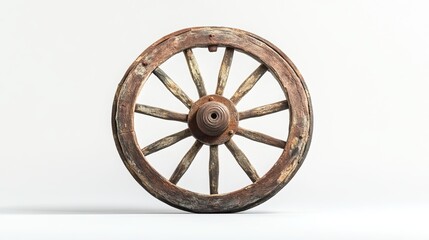 Obraz premium An antiquated wagon wheel, no longer in use, stands alone against a pristine white backdrop. Its weathered spokes and rugged rim hint at a history of traversing rugged terrain. 