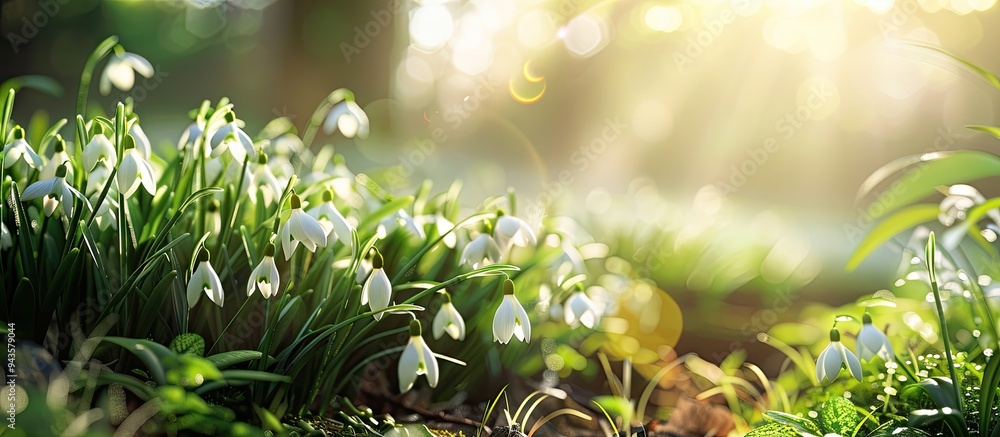 Poster springtime easter background featuring white fresh snowdrops galanthus blooming on a lush green mead