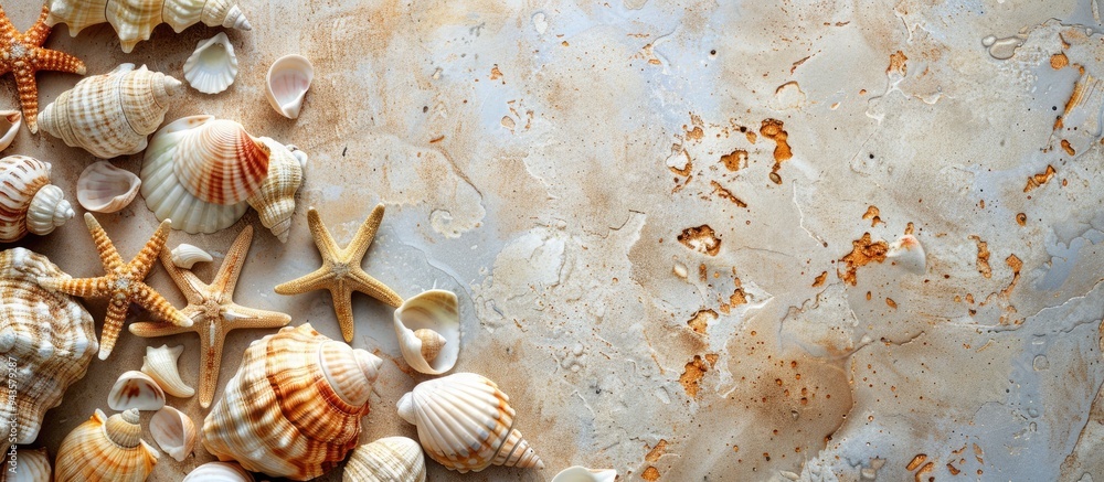 Poster Table background with sea shells or starfish for a summer concept featuring a copy space image for text