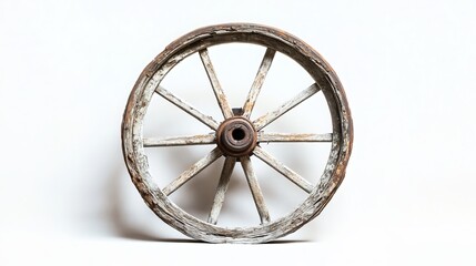 Fototapeta premium An antiquated wagon wheel, no longer in use, stands alone against a pristine white backdrop. Its weathered spokes and rugged rim hint at a history of traversing rugged terrain. 
