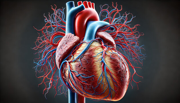 3D image of a human heart with vascular network, including coronary arteries, veins, capillaries. show different layers and sections of the vasculature, arterial and venous blood flow.